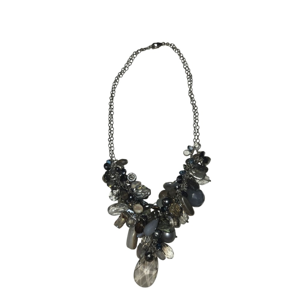 Ali Oesch Handcrafted Chunky Cluster Statement Necklace Crystal Pearl Silver